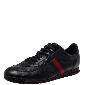 Pre Owned Gucci Black Guccissima Leather Web Detail Lace Up Sneaker Size 43.5