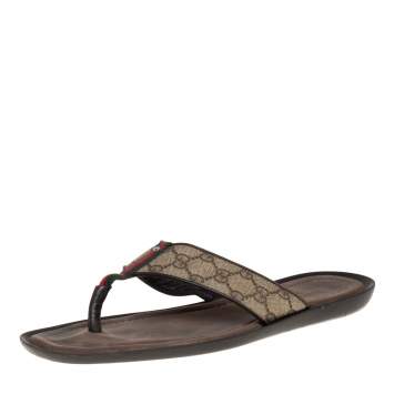 Pre Owned Gucci Beige/Brown GG Supreme Canvas Web Thong Flats Size 44