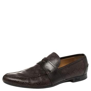 Pre Owned Gucci Brown Diamante Leather Driver Loafers Size 44.5