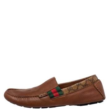Pre Owned Gucci Brown Leather And GG Coated Canvas Slip On Loafers Size 45