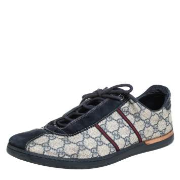 Pre Owned Gucci Blue/Beige Guccissima Coated Canvas And Suede Low Top  Sneakers Size 43.5