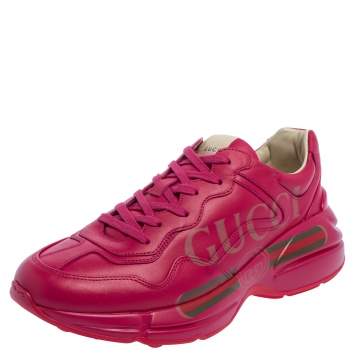 Pre Owned Gucci Pink Leather Rhyton Logo Print Low Top Sneakers Size 42