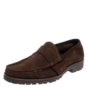 Pre Owned Gucci Brown Suede Slip On Loafers Size 44.5
