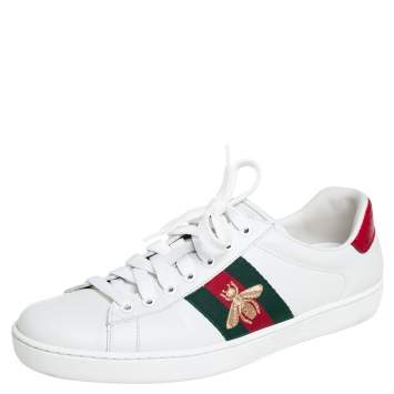 Pre Owned Gucci White Leather Ace Bee Motif Lace Up Low Top Sneakers Size 47