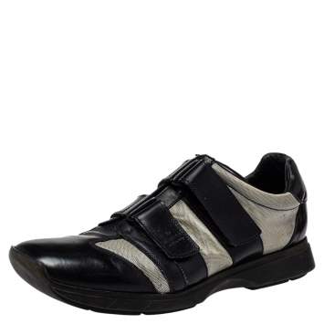 Pre Owned Gucci Black/Grey Leather And Mesh Double Velcro Sneakers Size 45