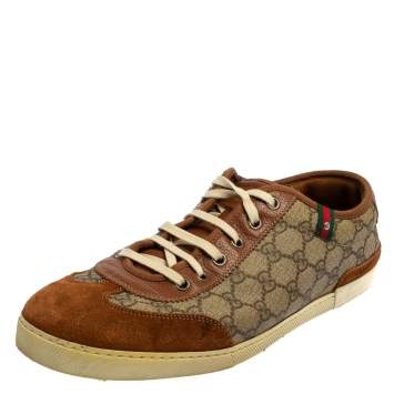 Pre Owned Gucci Brown Suede And GG Canvas Low Top Sneakers Size 45