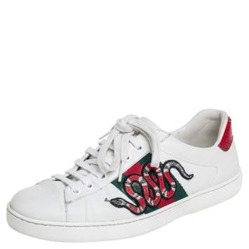 Pre Owned Gucci White Leather Snake Sneakers Size 39.5