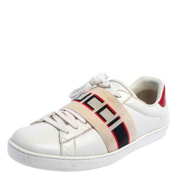 Pre Owned Gucci White/Red Leather Ace Gucci Band Low Top Sneakers Size 42.5