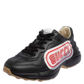 Pre Owned Gucci Black Leather Rhyton Logo Low Top Sneakers Size 39.5