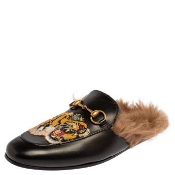 Pre Owned Gucci Black Tiger Embroidered Leather And Fur Princetown Horsebit Mules Size 40