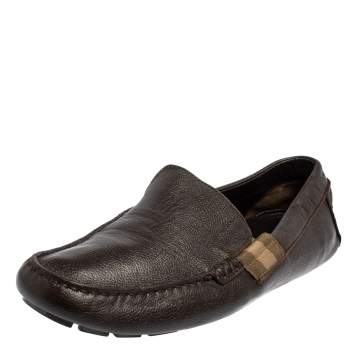 Pre Owned Gucci Dark Brown Leather Slip On Loafers Size 43.5