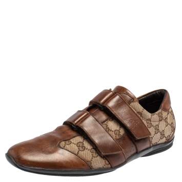 Pre Owned Gucci Brown/Beige GG Canvas And Leather Velcro Sneakers Size 43.5