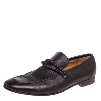 Pre Owned Gucci Brown Leather Braided Trim Loafers Size 42.5