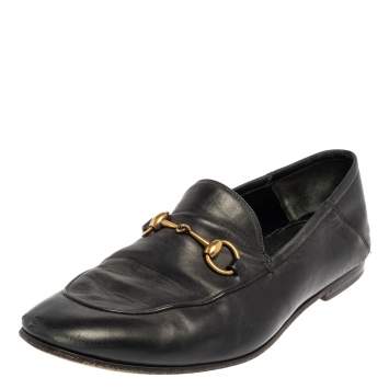 Pre Owned Gucci Black Leather Horsebit Slip On Loafers Size 44