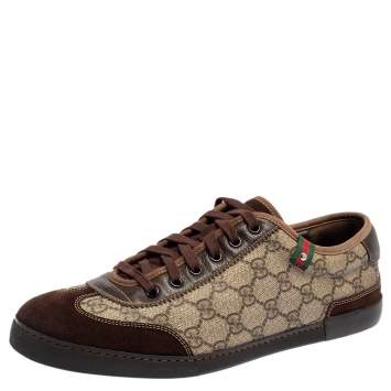 Pre Owned Gucci Brown/Beige GG Coated Canvas and Suede Low Top Sneakers Size 42.5