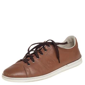 Pre Owned Gucci Brown Leather Interlocking GG Lace Up Sneakers Size 44