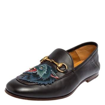 Pre Owned Gucci Dark Brown Leather Brixton Wolf Applique Horsebit Loafers Size 40