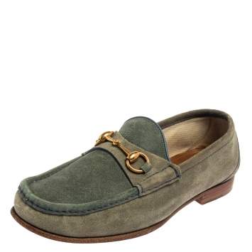 Pre Owned Gucci Blue/Grey Suede Horsebit  Slip on Loafers Size 42
