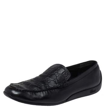 Pre Owned Gucci Black Guccissima Leather GG Loafers Size 44
