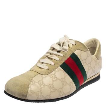 Pre Owned Gucci Cream Suede And Leather Web Low Top Sneakers Size 43.5