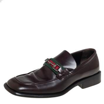 Pre Owned Gucci Brown Leather Square Horsebit Web Detail Loafers Size 45