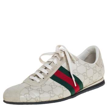Pre Owned Gucci White Guccissima Leather And Suede Web Detail Low Top Sneakers Size 42.5