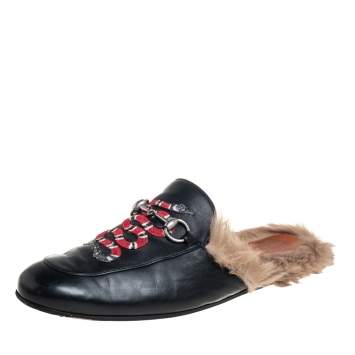 Pre Owned Gucci Black Snake Embroidered Leather and Fur Lined Princetown Mules Size 45
