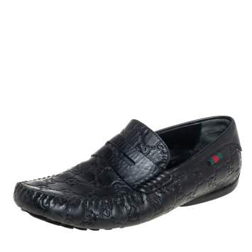 Pre Owned Gucci Black Guccissima Leather Slip on Loafers Size 40