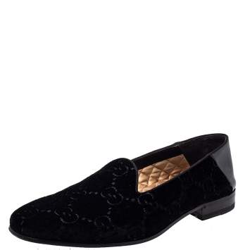 Pre Owned Gucci Black Guccissima Velvet And Leather Bee Print Smoking Slippers Size 43 