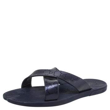 Pre Owned Gucci Blue Canvas Slide Sandals Size 48