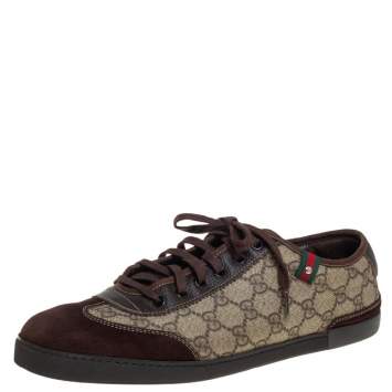 Pre Owned Gucci Brown/Beige GG Supreme Canvas And Leather Low Top Sneakers Size 43
