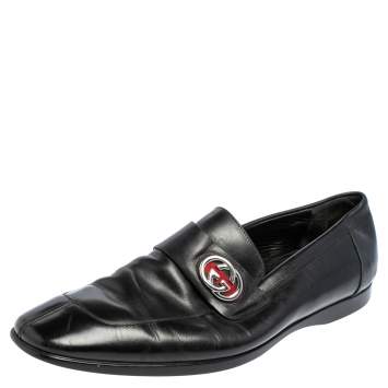 Pre Owned Gucci Black Leather Interlocking GG Loafers Size 41