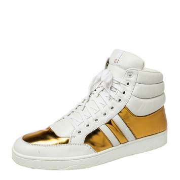 Pre Owned Gucci White/Gold Leather Lace Up High Top Sneakers Size 43.5