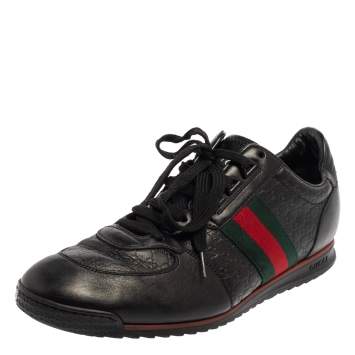 Pre Owned Gucci Black Guccissima Leather Web Low Top Sneakers Size 43.5