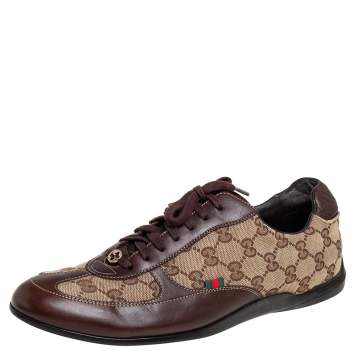 Pre Owned Gucci Brown/Beige Canvas Leather Lace Up Sneakers Size 40.5