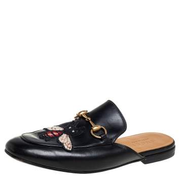 Pre Owned Gucci Black Leather Princetown Horsebit Bee Embroidered Mules Size 39.5