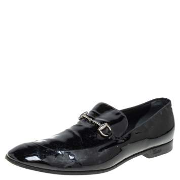 Pre Owned Gucci Black Patent Leather Horsebit Slip on Loafers Size 43.5