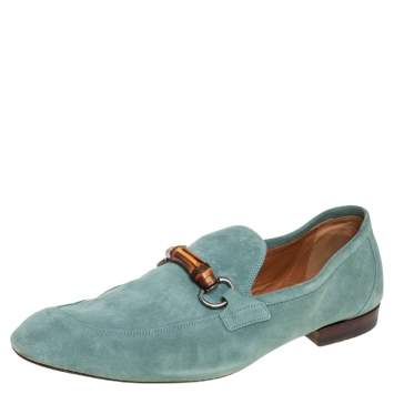 Pre Owned Gucci Blue Suede Bamboo Horsebit Loafers Size 45