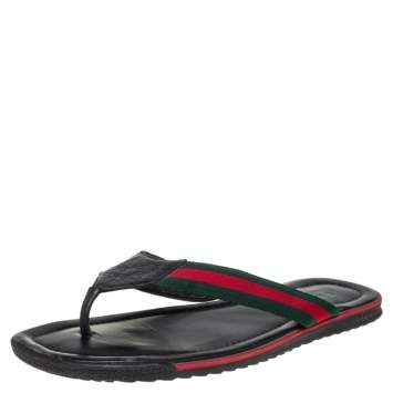 Pre Owned Gucci Black Guccissima Leather Web Detail Thong Flat Size 45