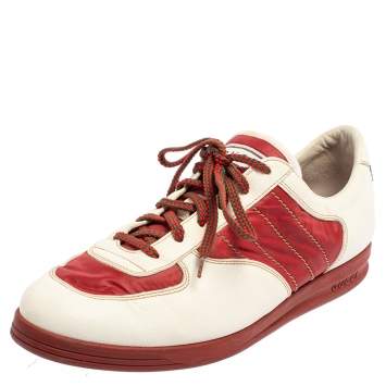 Pre Owned Gucci White/Red Leather And Nylon Web Low Top Sneakers Size 43.5 