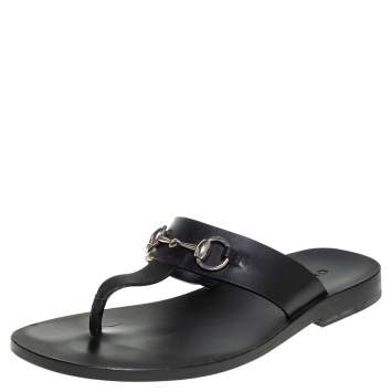 Pre Owned Gucci Black Leather Marcy Thong Flats Size 41