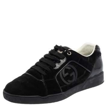 Pre Owned Gucci Black Suede Interlocking G Logo Low Top Sneakers Size 40.5
