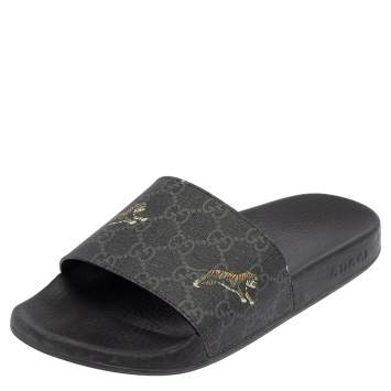 Pre Owned Gucci Black GG Canvas Tiger Flat Slides Size 41