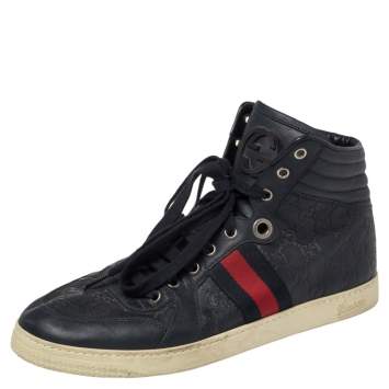 Pre Owned Gucci Blue Guccissima Leather Web Detail High Top Sneakers Size 42.5