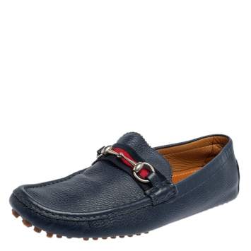 Pre Owned Gucci Blue Leather Horsebit Web Detail Driver Loafers Size 45.5