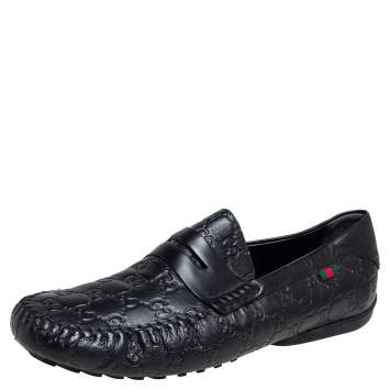 Pre Owned Gucci Black Guccissima Leather Penny Loafers Size 45