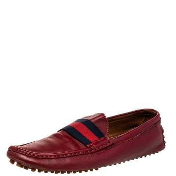 Pre Owned Gucci Red Leather Web Detail Slip On Loafers Size 43.5