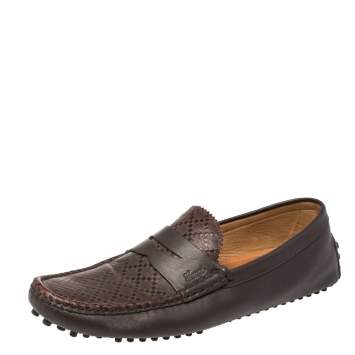 Pre Owned Gucci Dark Brown Diamante Leather Slip On Loafers Size 45