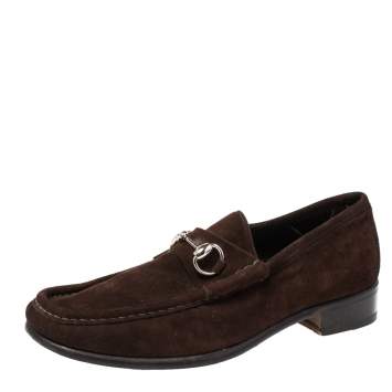 Pre Owned Gucci Dark Brown Suede Horsebit Loafers Size 42