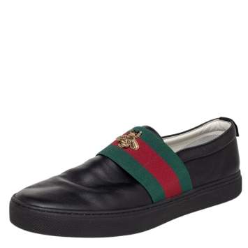 Pre Owned Gucci Black Leather Web and Bee Slip On Sneakers Size 45
